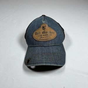 RED MONKEY LOSANGELES DENIM LEATHER MESH LIMITED TRUCKER CAP HAT Y2K STREETWEAR